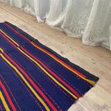 Romanian rug handwoven in wool, purple background with red and yellow stripes 183x133cm