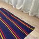 Romanian rug handwoven in wool, purple background with red and yellow stripes 183x133cm