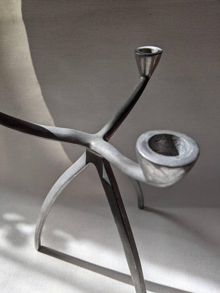 Scandinavian design tripod aluminum candlestick holder silver metal