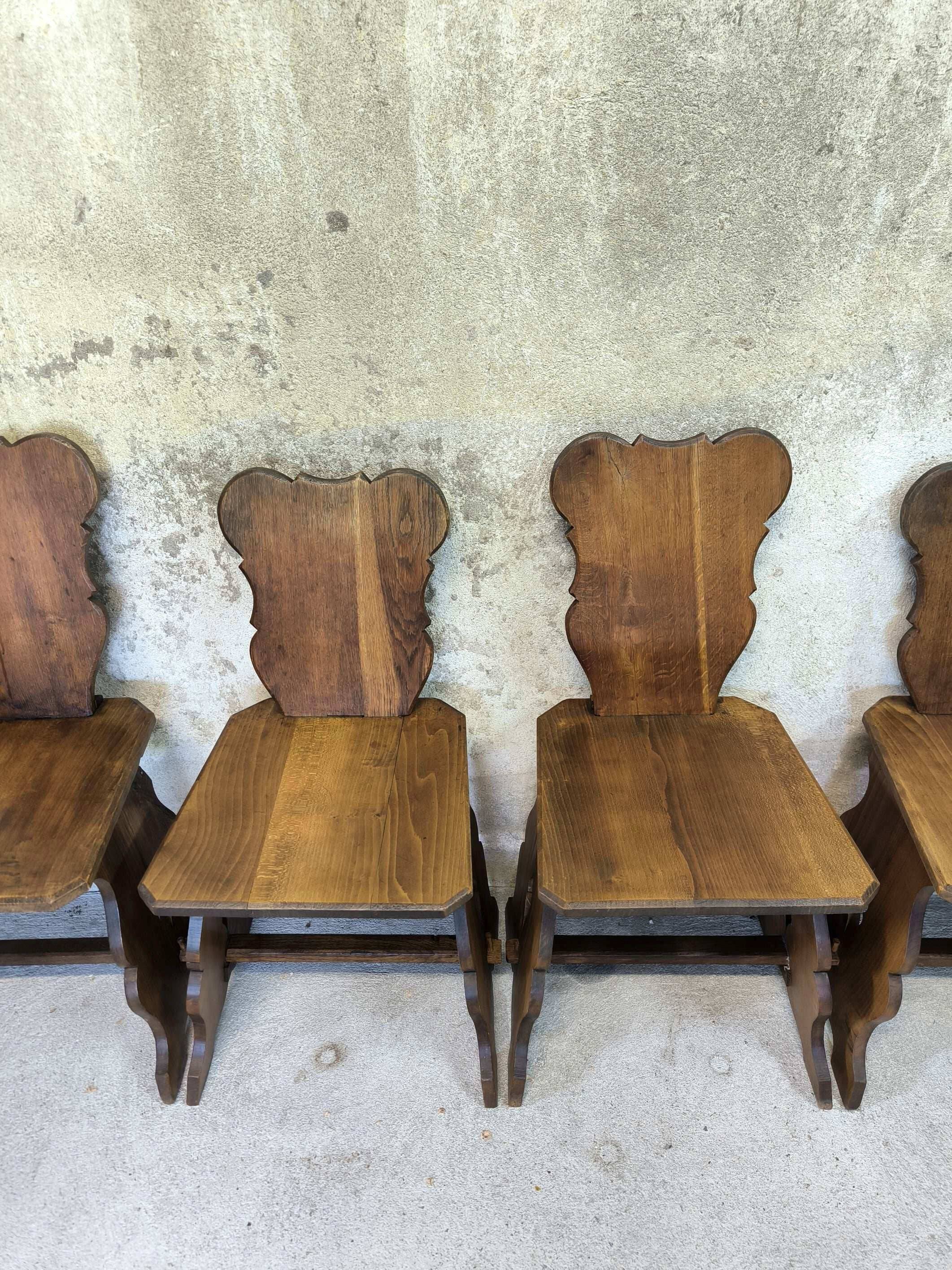 Set of six vintage brutalist wooden chairs.