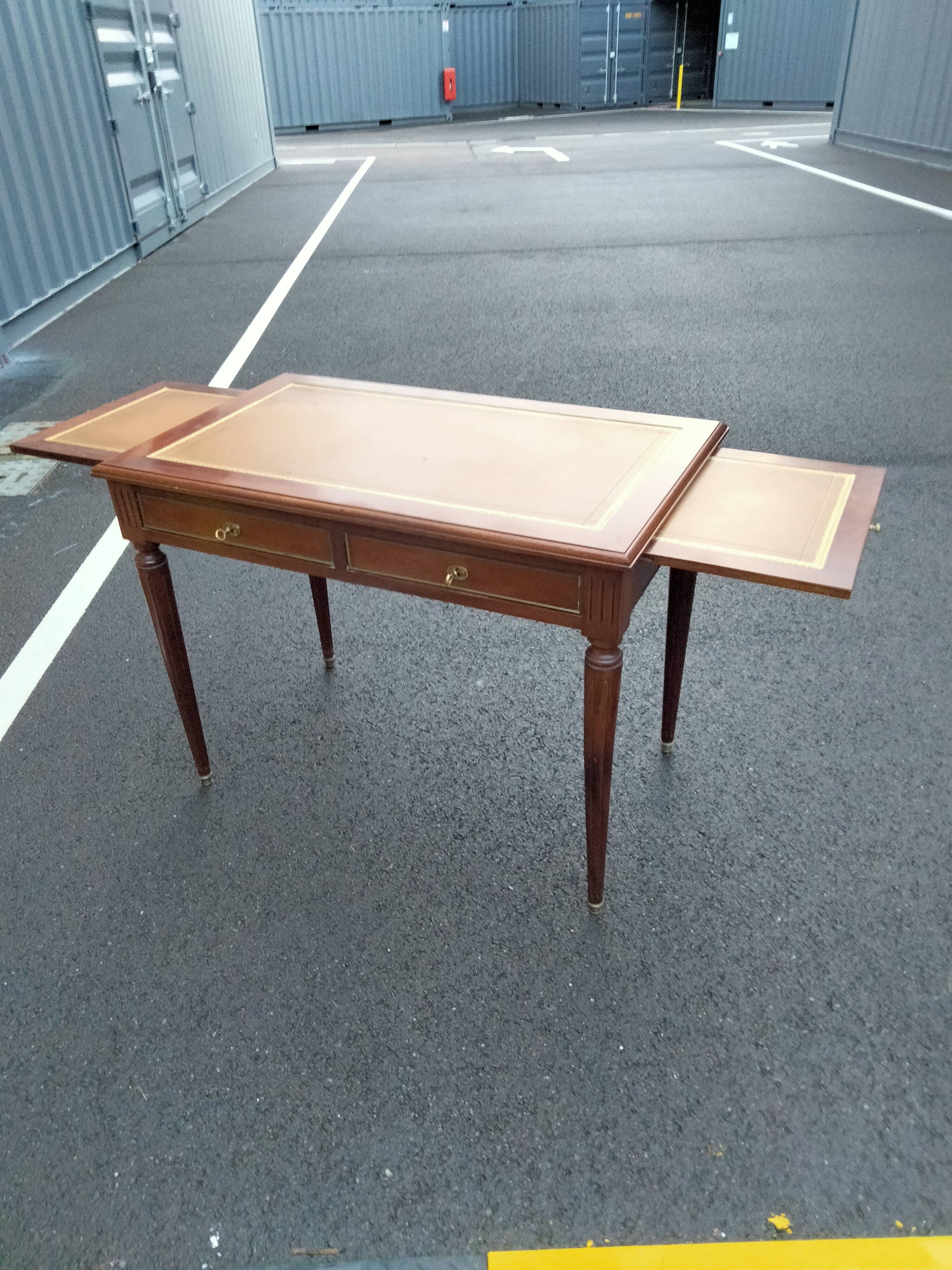 Old style flat desk louis xvi leather tray with 2 pulls