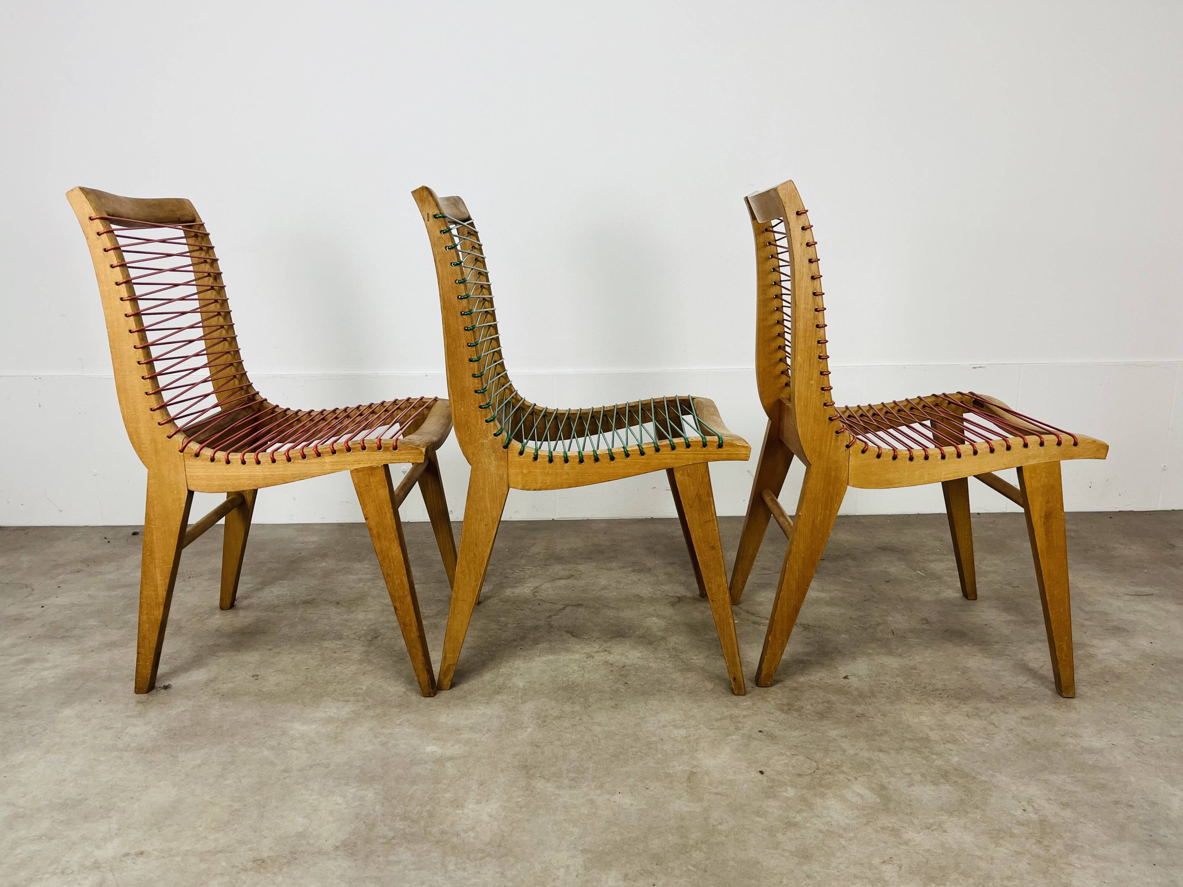 3 Louis Sognot scoubidou chairs from the 1950s