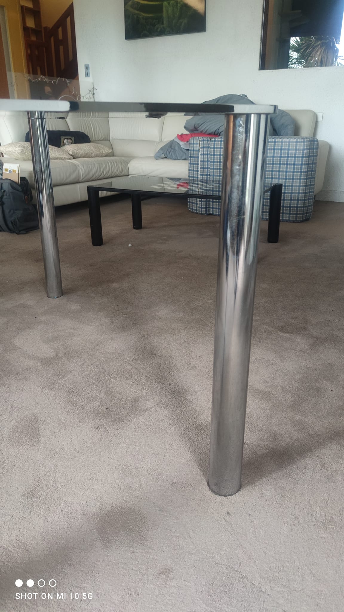 Dining table in chromed steel and smoked glass top, 1969