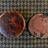 Very old round pocket mirror and leather case, 18th century