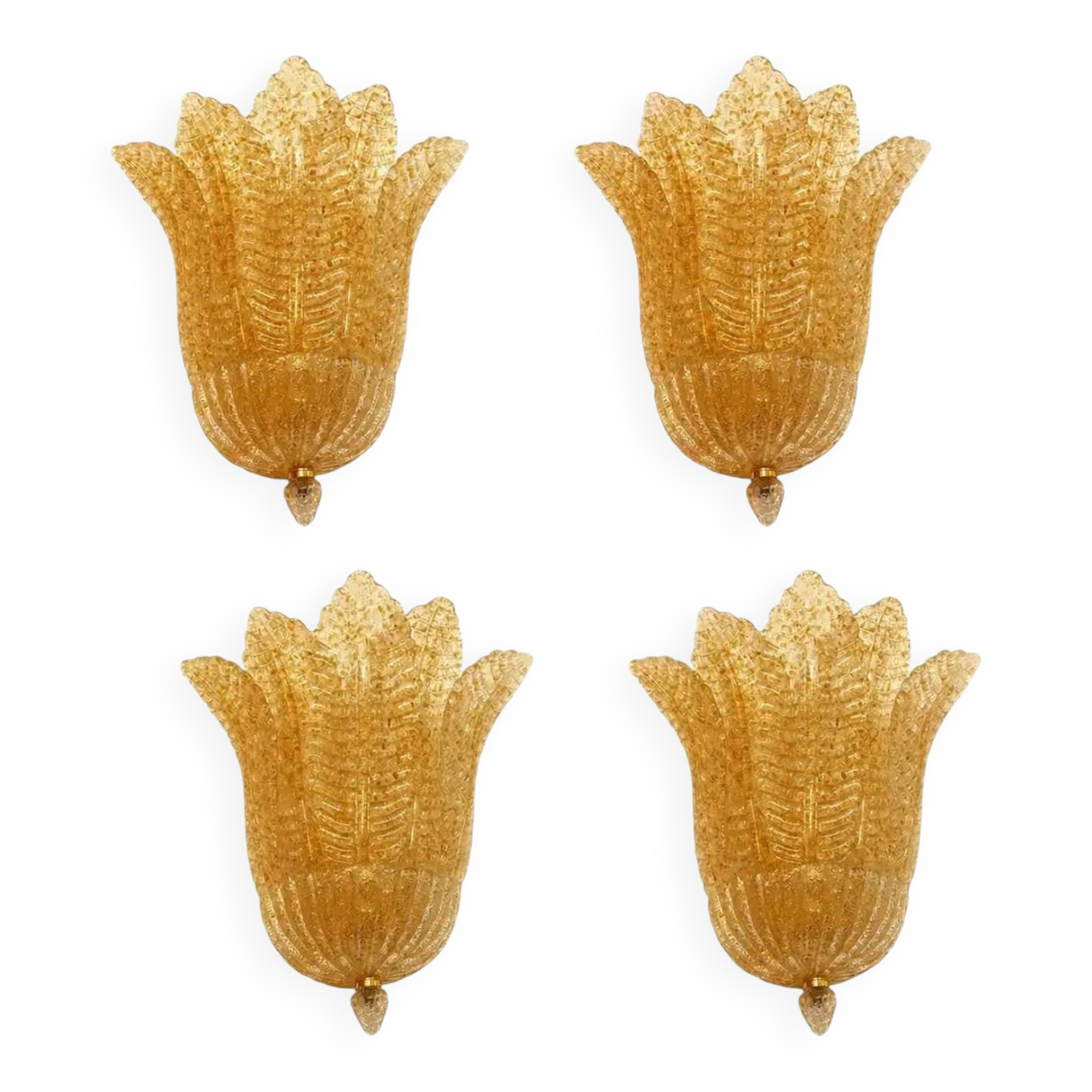 Set of Four Venetian Gold Graniglia “Leaf” Murano Glass Wall Sconcess