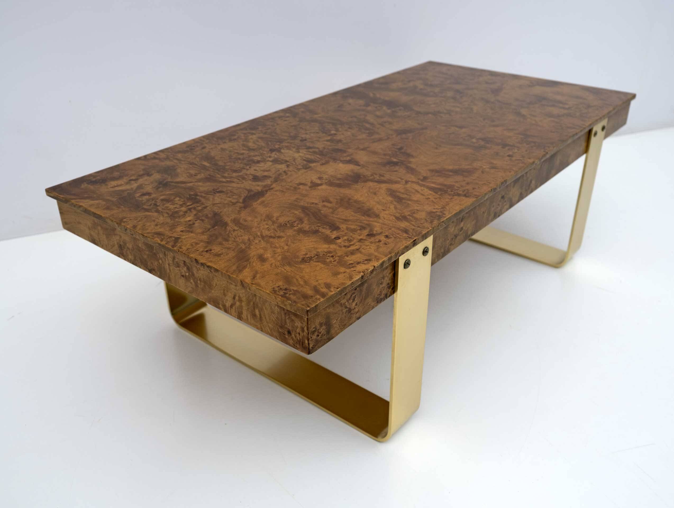 Mid-Century Modern Italian Briar Walnut and Brass Coffee Table, 1970s