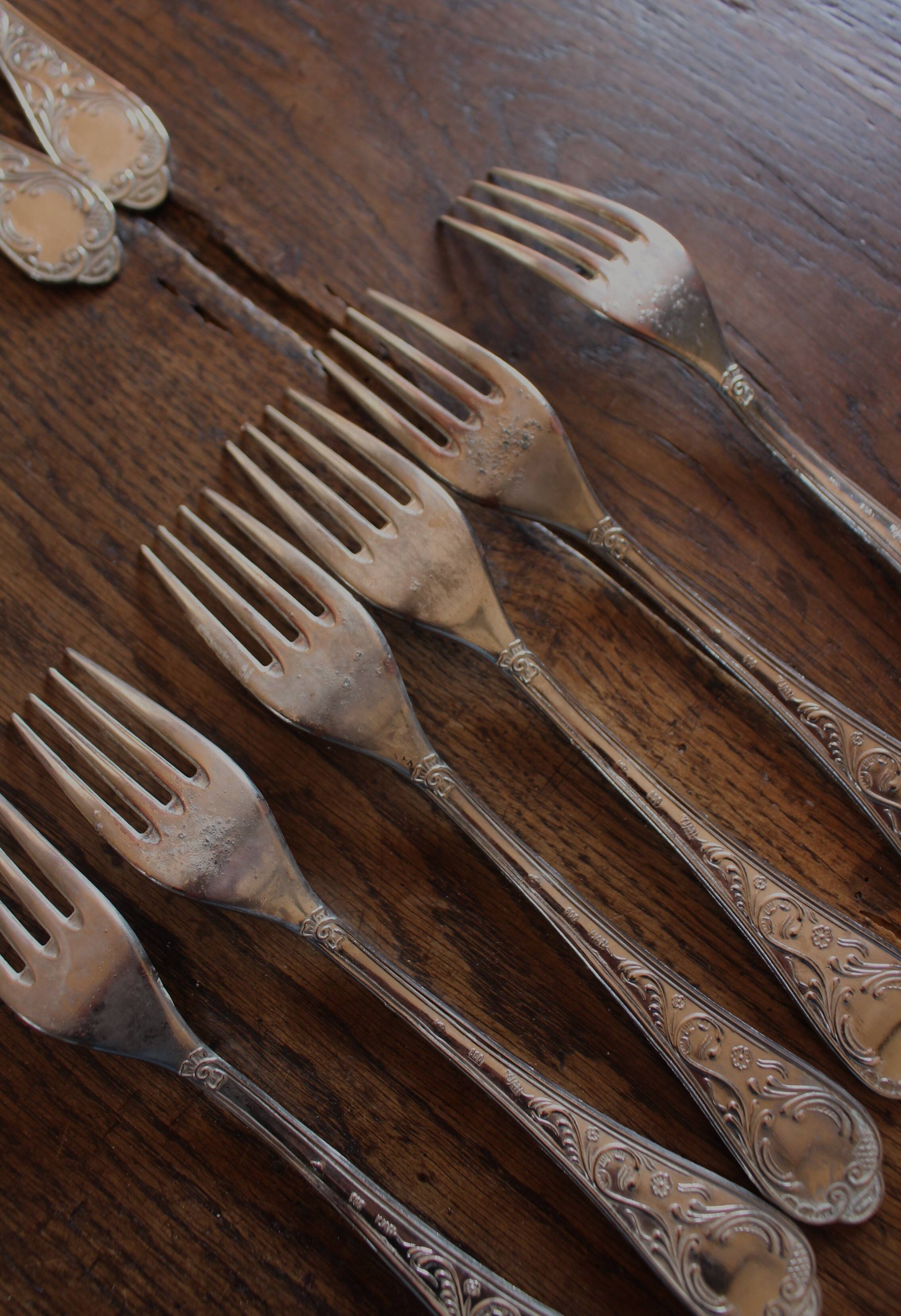 A set of 6 forks + 6 spoons silver metal foliage