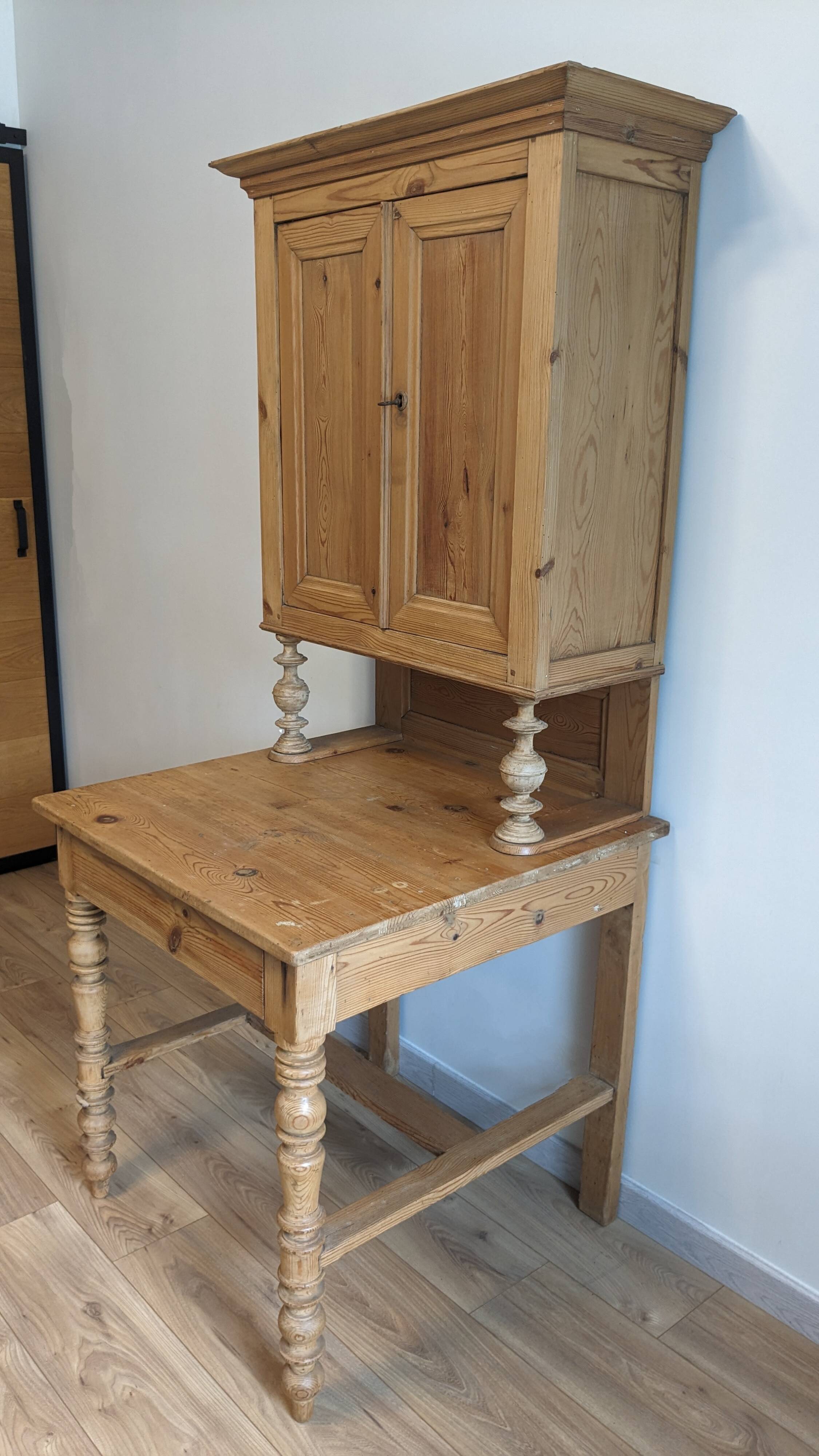 Former campaign secretary's desk in solid pine with a high cupboard.