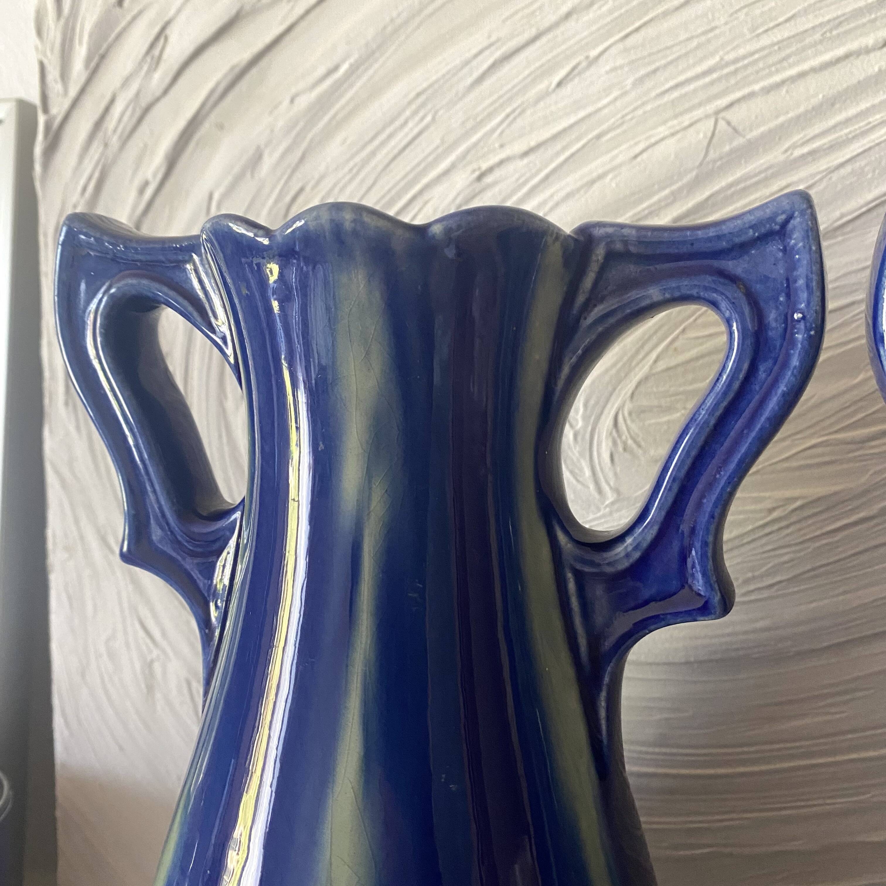 Pair of Art Deco vases in faience from Vierzon, Louis Gueule, cobalt blue.