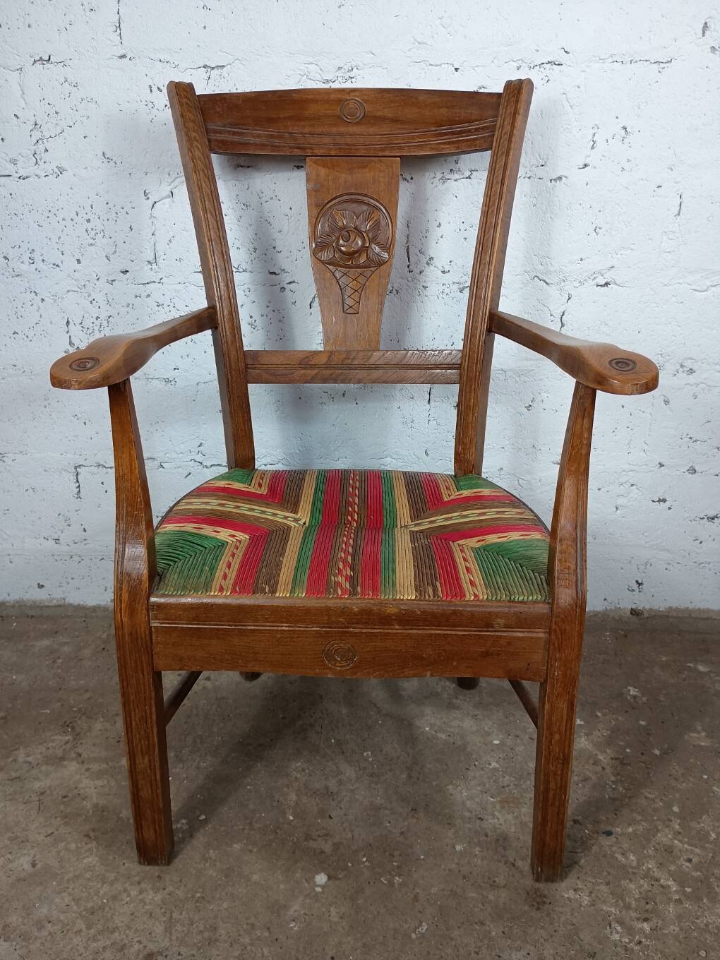 Art Deco wood and straw armchair