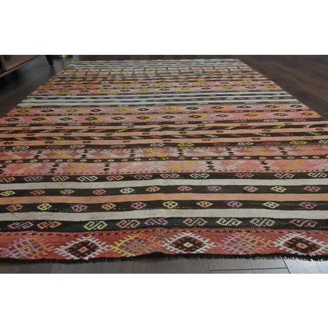 Striped Kilim Turkish Vintage Handmade Pink Orange Wool Area Rug 177x268