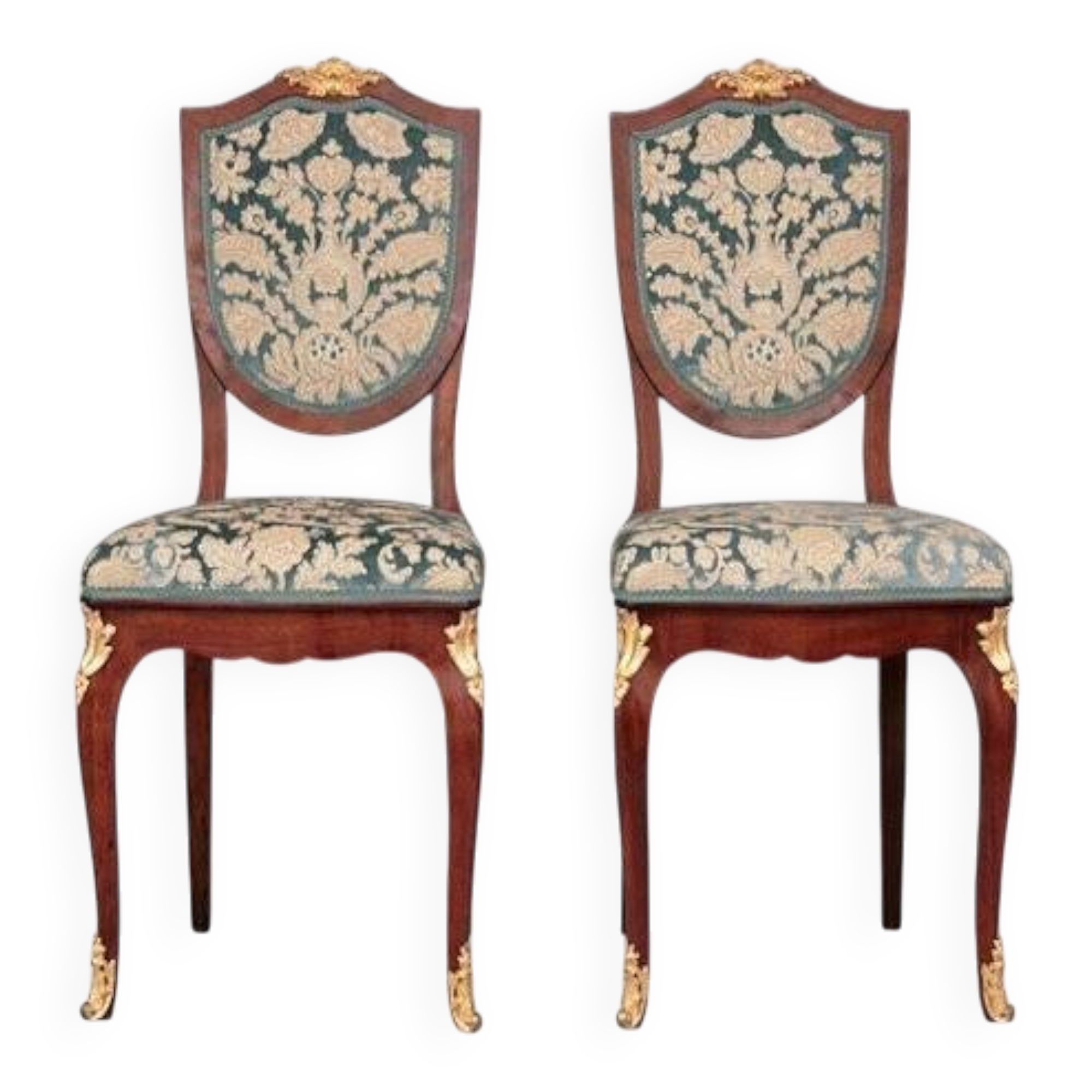 Paire de chaises Napoléon III en velours bleu, bois et bronze doré