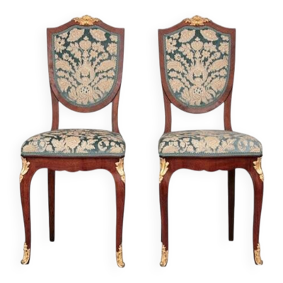 Paire de chaises Napoléon III / Mouvement esthétique - Velours bleu et bronze doré