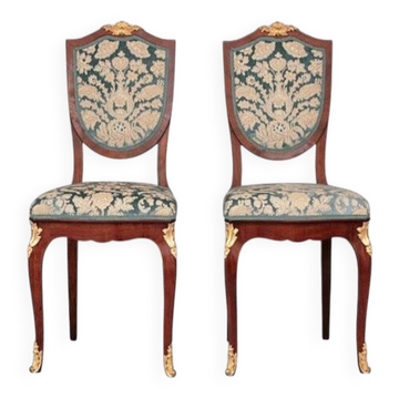 Paire de chaises Napoléon III / Mouvement esthétique - Velours bleu et bronze doré