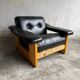 Vintage 1970s Italian Armchair by Poltrona Munari — Black Leather with Pine Wood Frame
