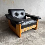 Vintage 1970s Italian Armchair by Poltrona Munari — Black Leather with Pine Wood Frame