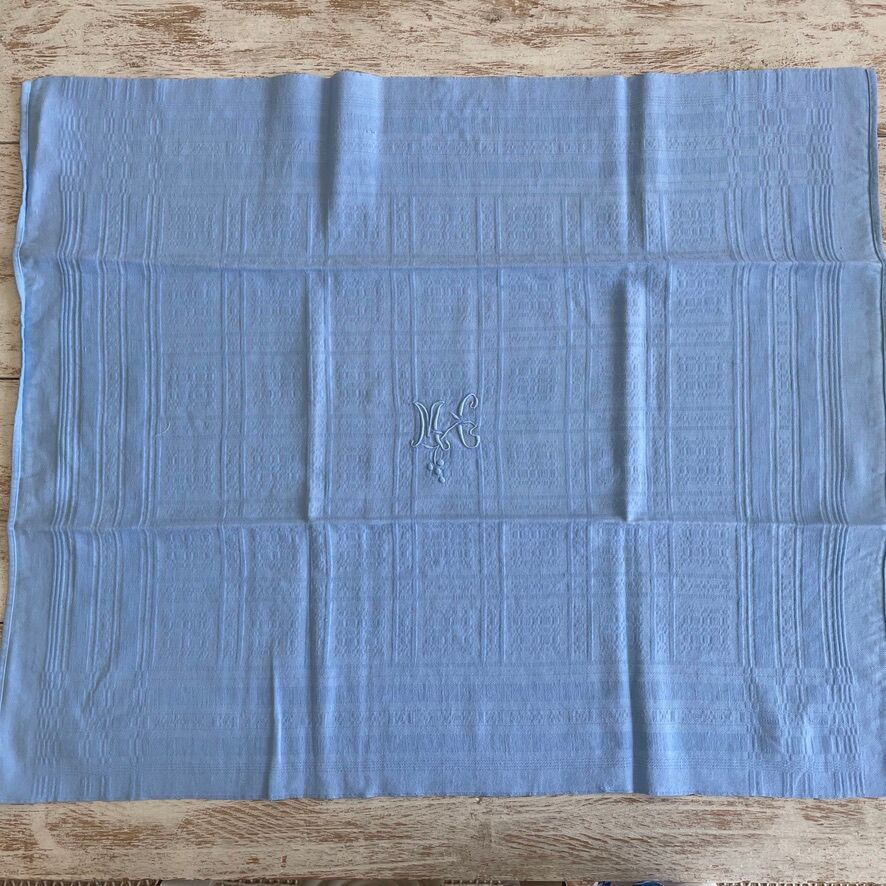 Set of 8 damask napkins dyed in dreamy blue monogrammed MC - cotton - 72x60cm