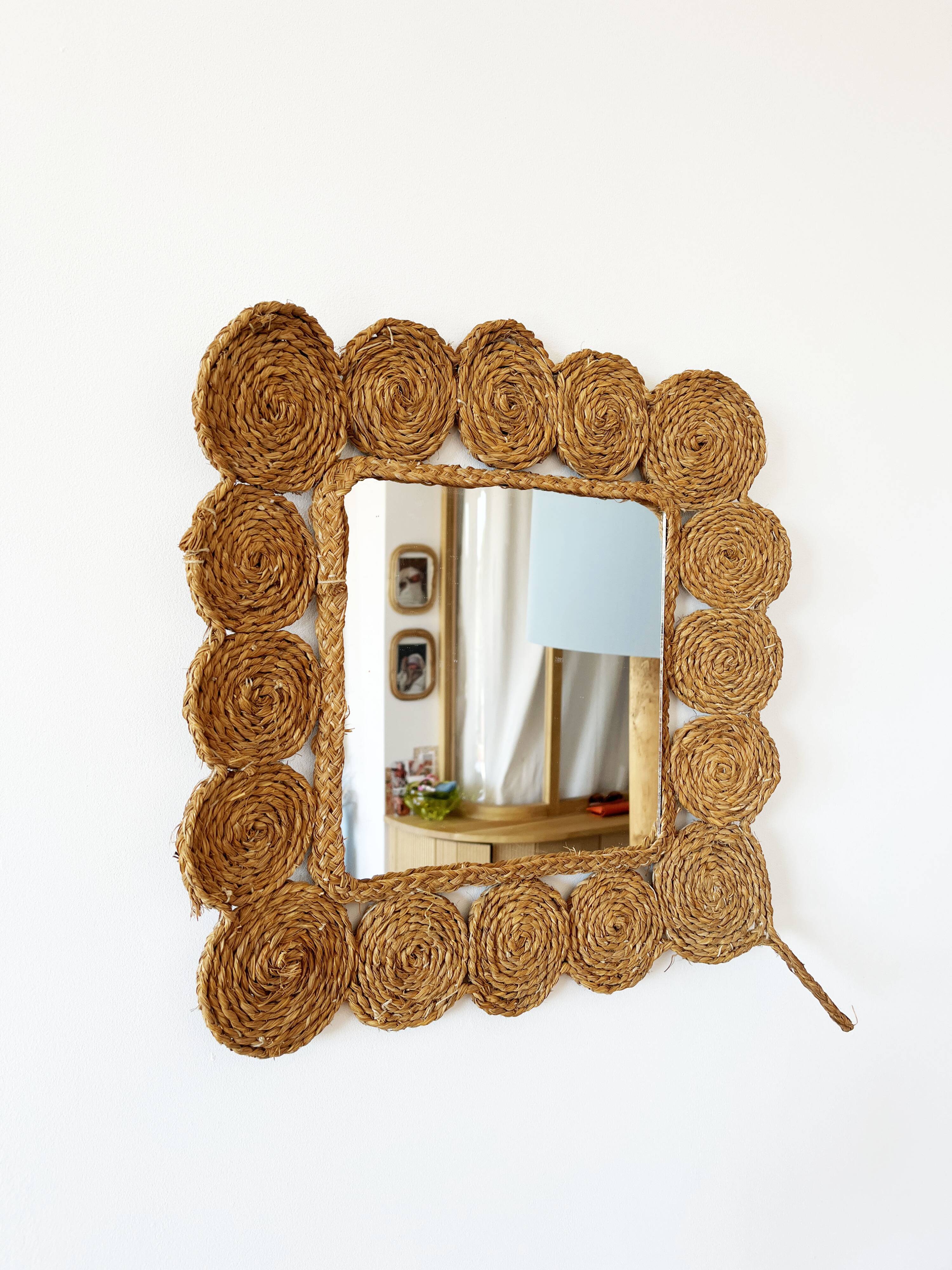 Vintage 1960s braided raffia mirror