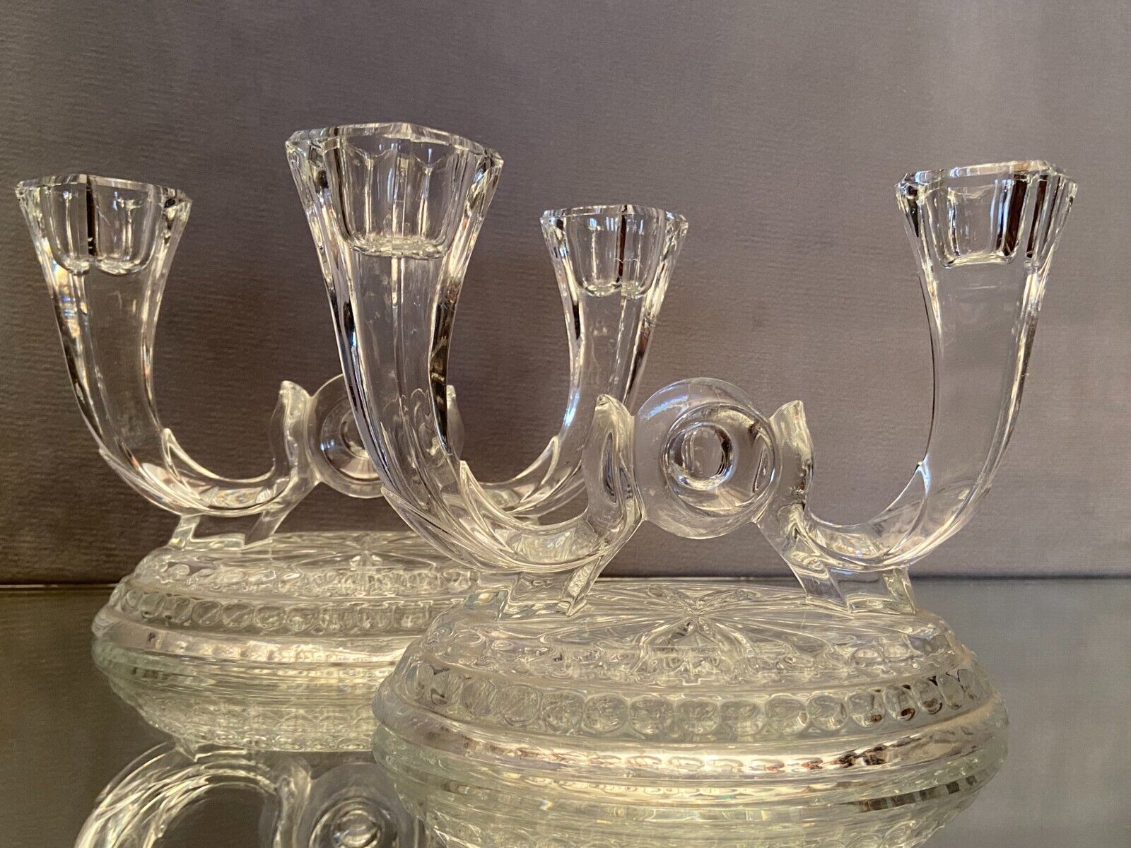 Pair of Val Saint Lambert crystal table end candlesticks
