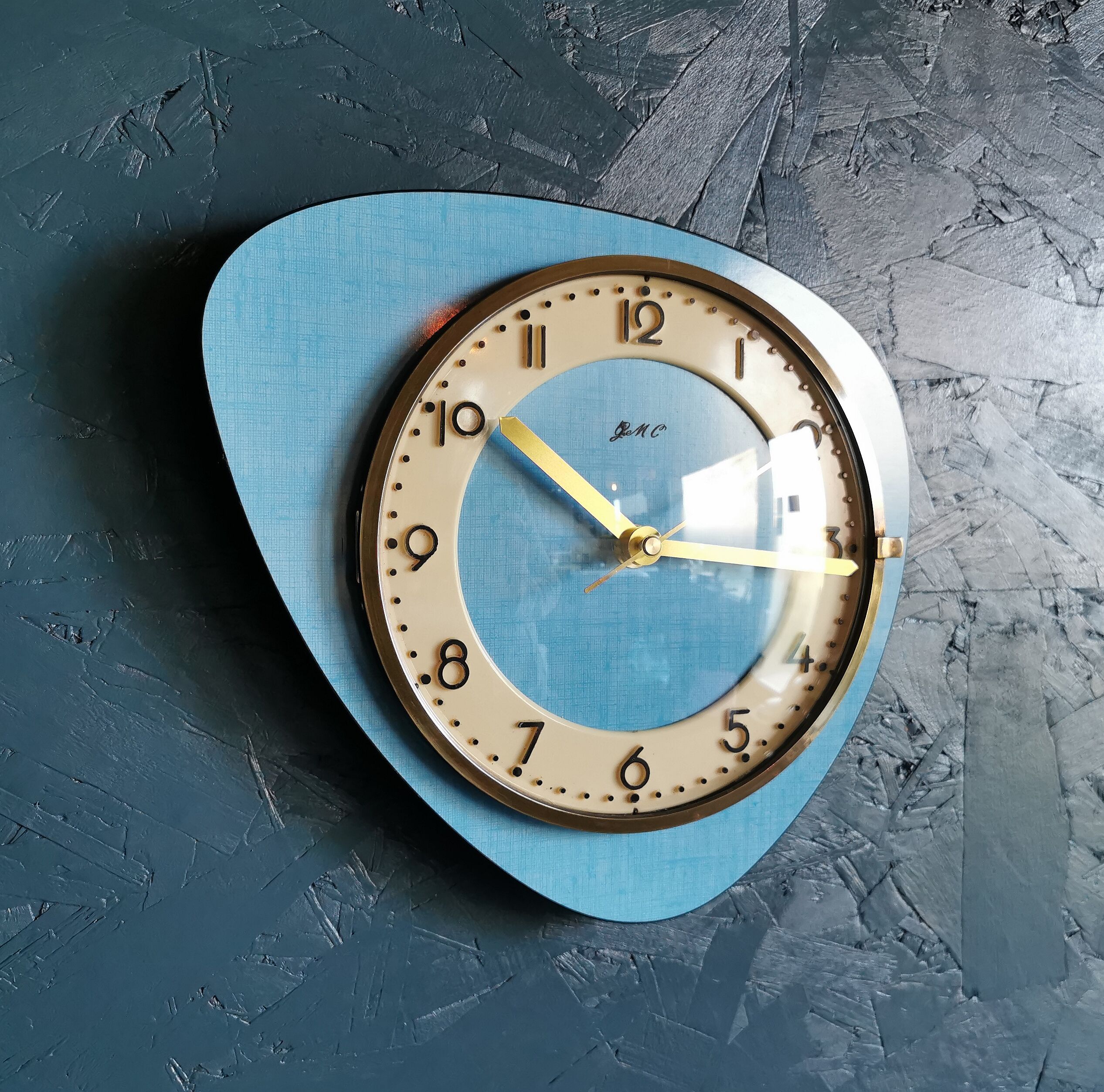 Vintage formica clock asymmetrical silent wall clock "GC celestial blue"