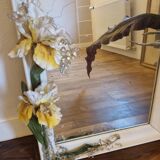 Large vintage mirror with white frame and iris and grape floral decorations