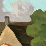 Large oil on panel of a Breton landscape 1950, antique painting signed.