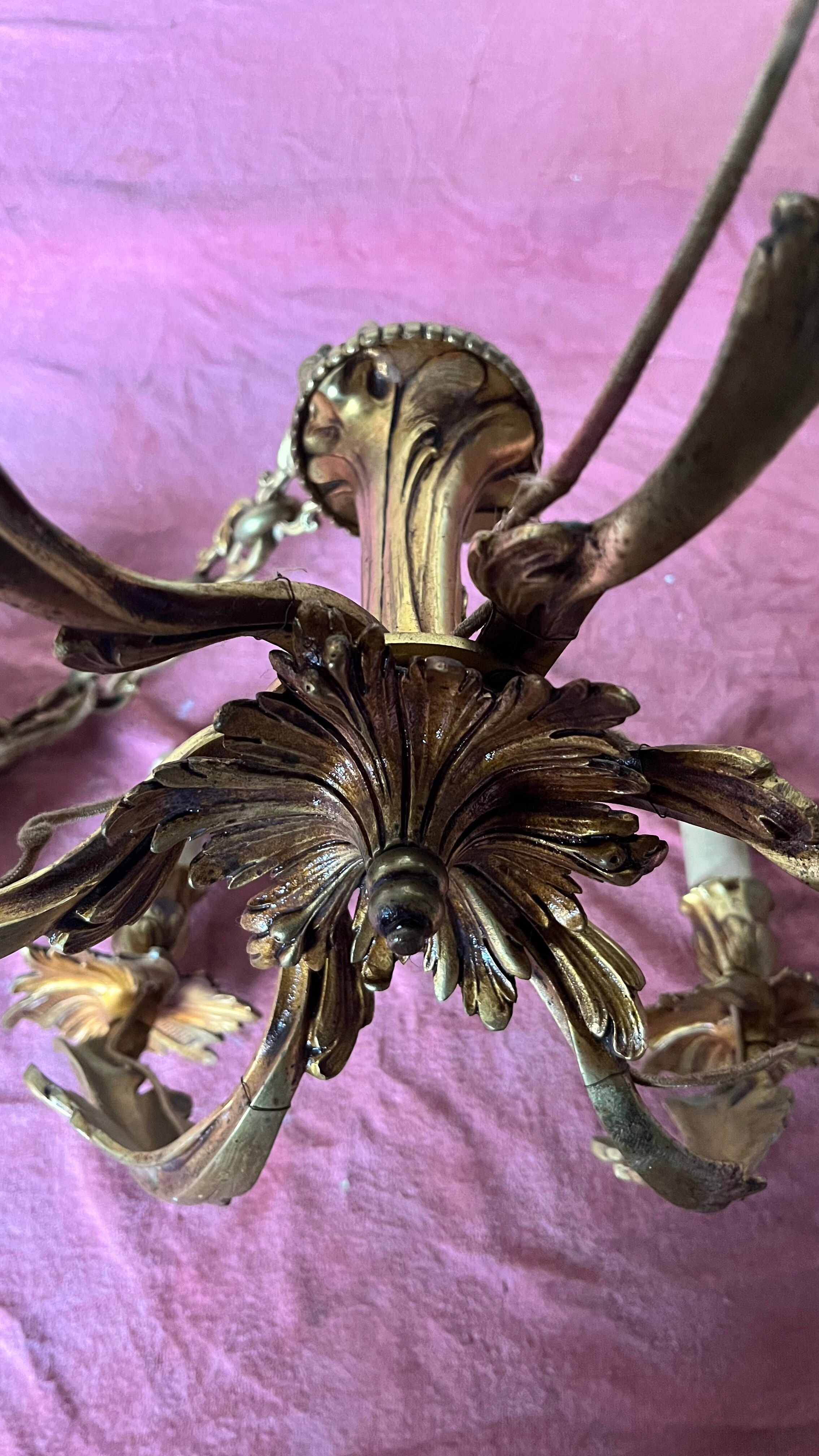 Lustre bronze doré 6 bougies annees 100