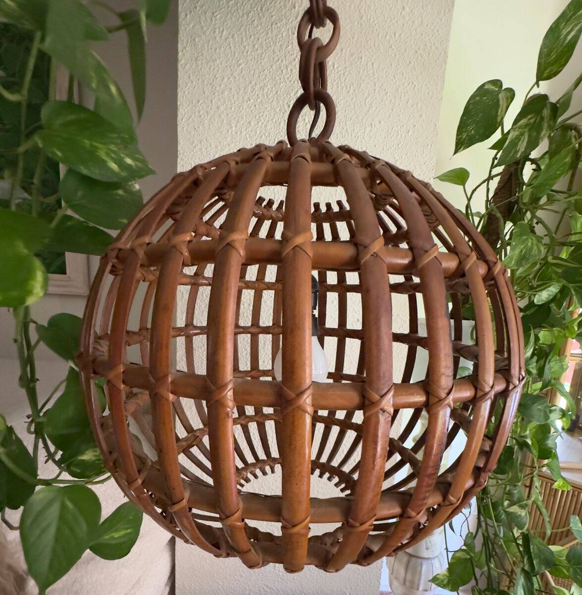 Large Italian spherical wicker pendant light, 1950s.