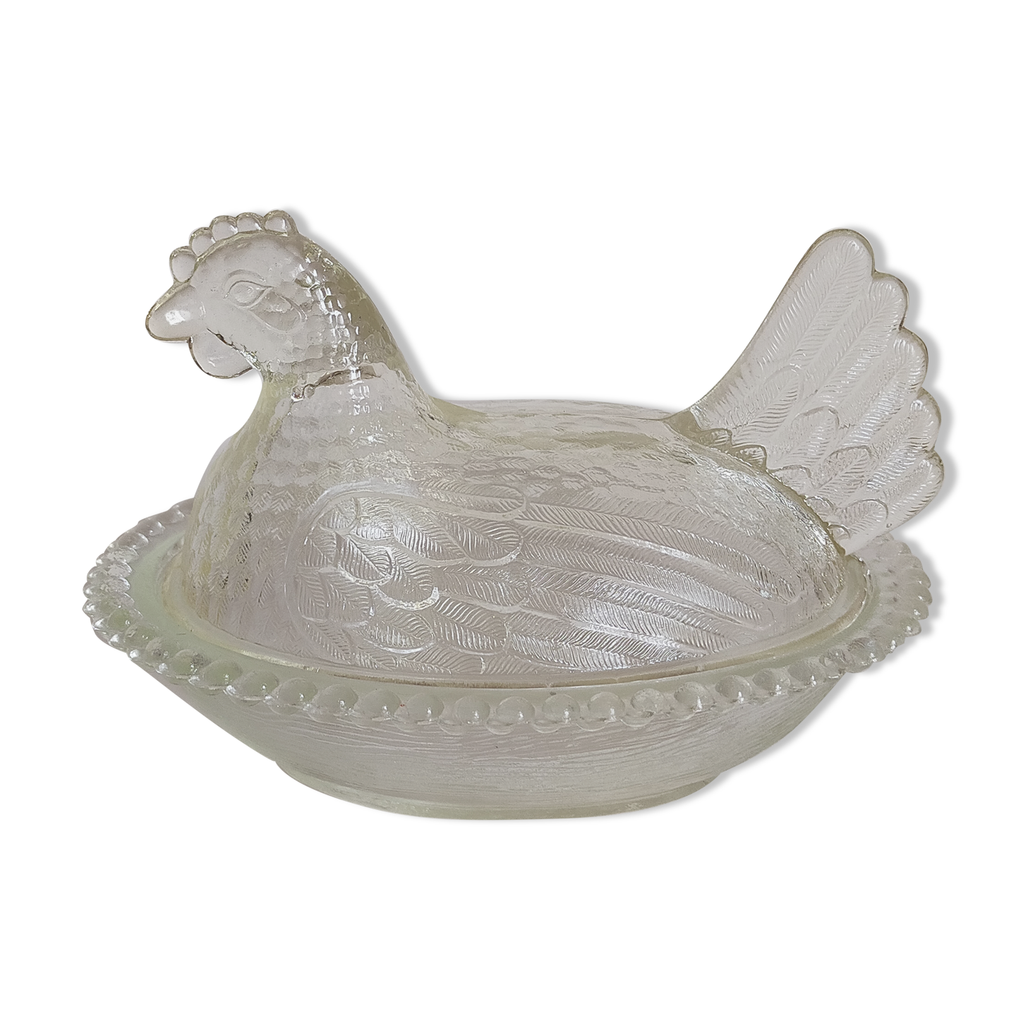 Terrine plat de présentation poule en verre moulé vintage