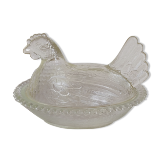 Terrine presentation dish hen in vintage molded glass