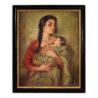 Tableau espagnol signé Maternité XXe siècle