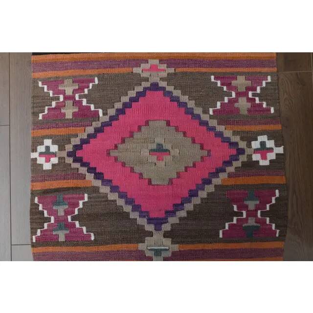 1970s Vintage Turkish Oushak Handmade Wool Cotton Pink Runner Rug 76x375