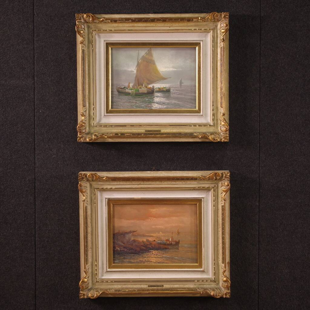 Seascape painting signed Remo Testa, fishermen at dawn
