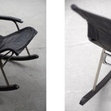 Vintage Mid-Century Postmodern Minimalist Black Leather Rocking Chair by Takeshi Nii, 1950s