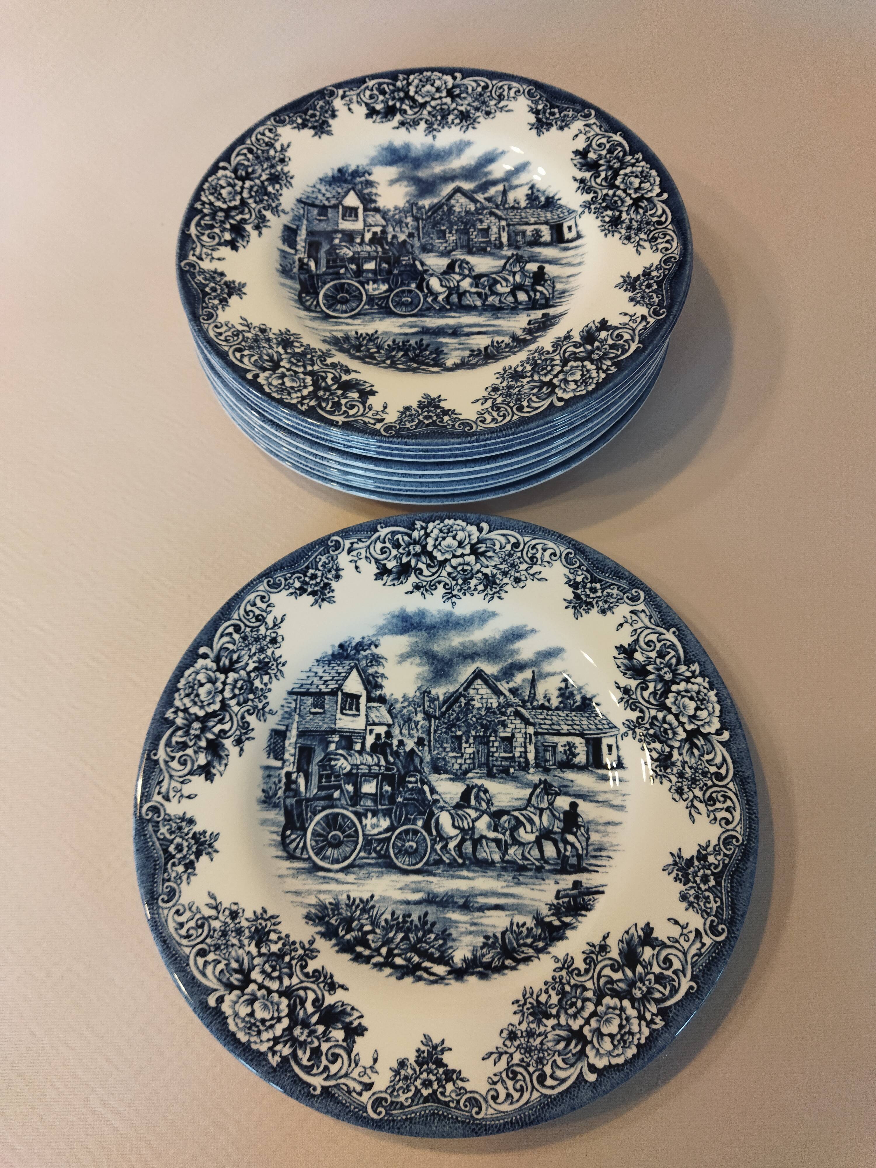 Set of 9 dessert plates English style blue & white
