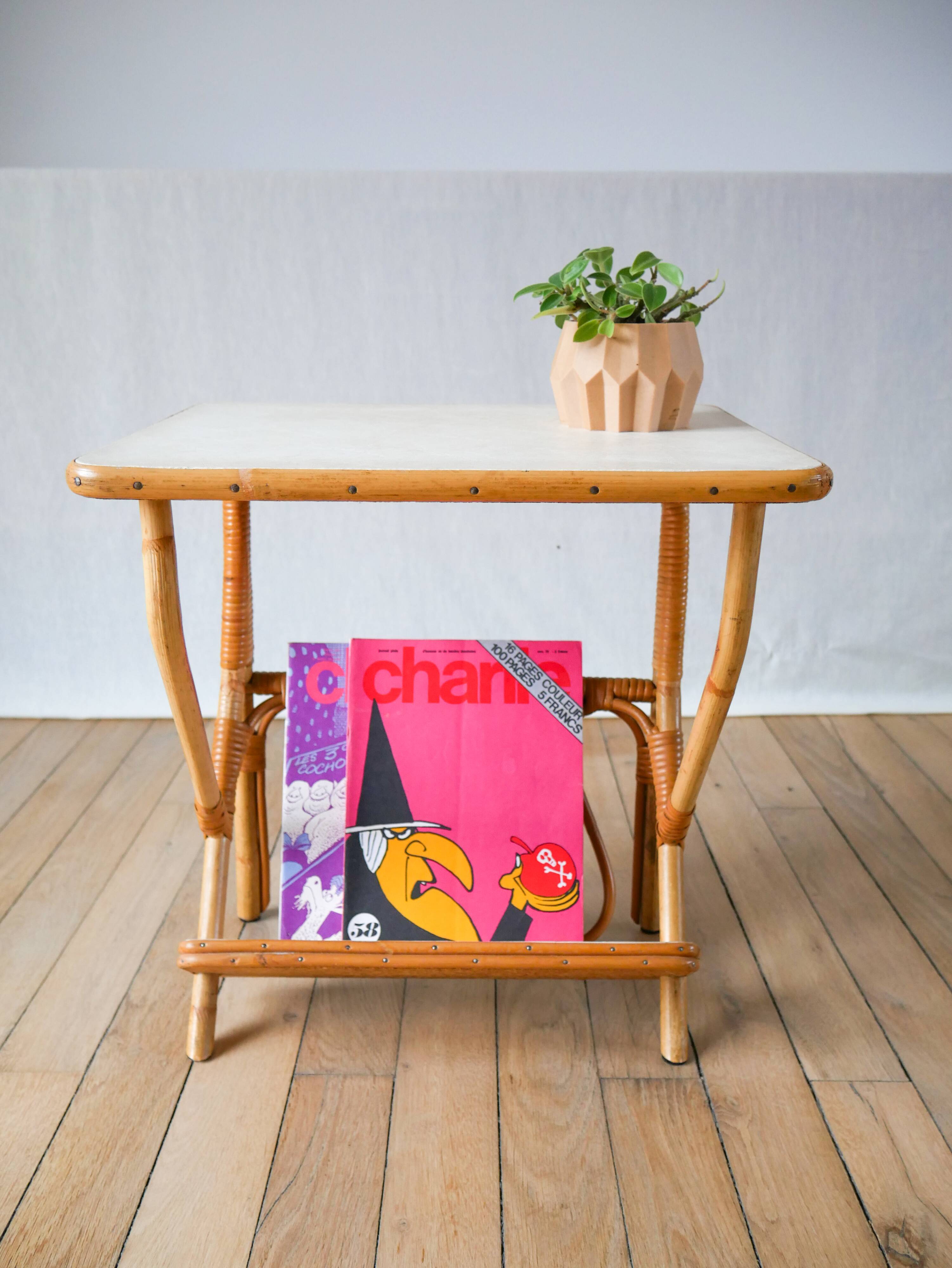 1960s rattan and bamboo side table with magazine rack