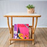 1960s rattan and bamboo side table with magazine rack