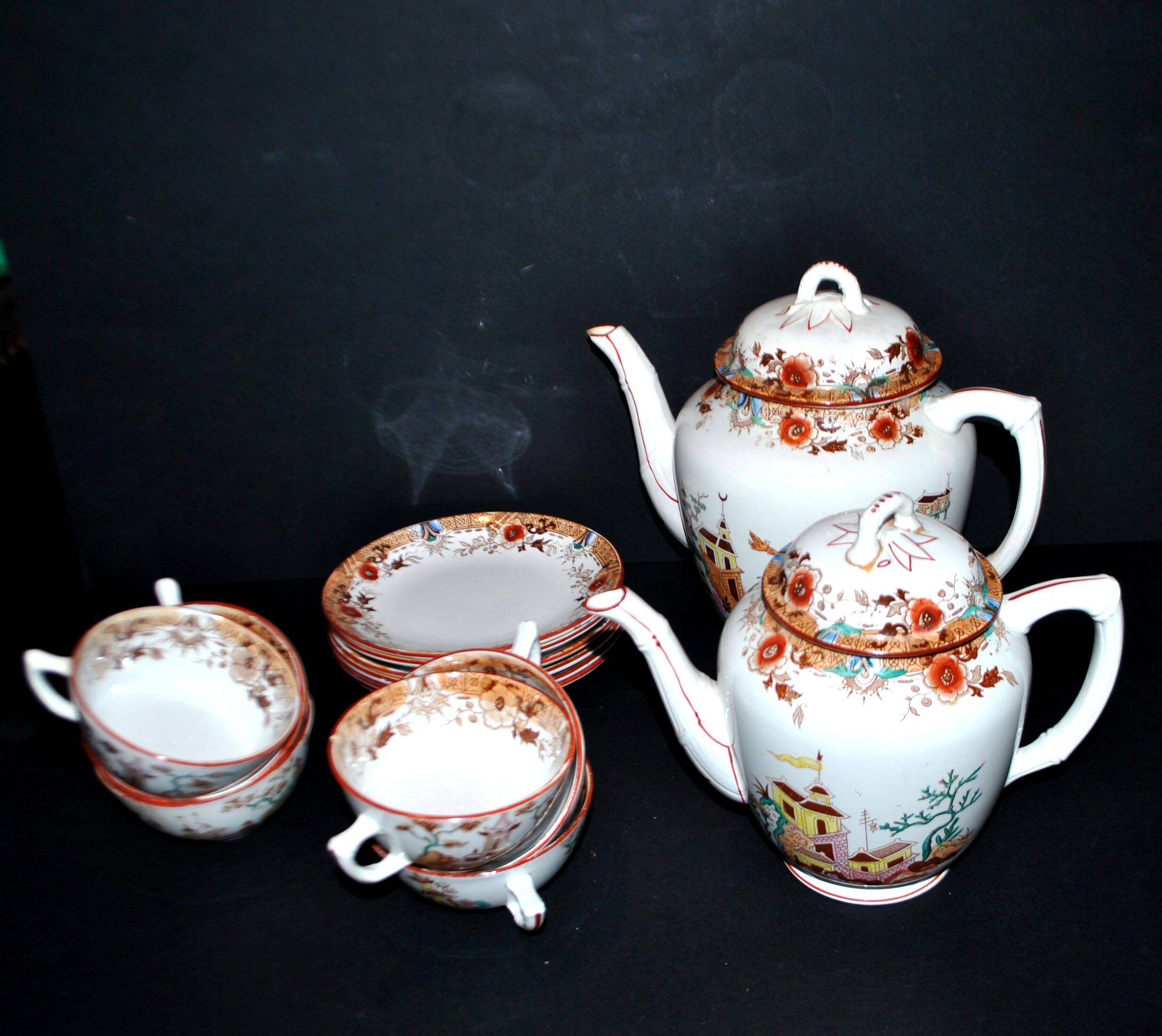 Sarreguemines coffee set 6 cups + 2 earthenware coffee pots with Chinese bamboo decor