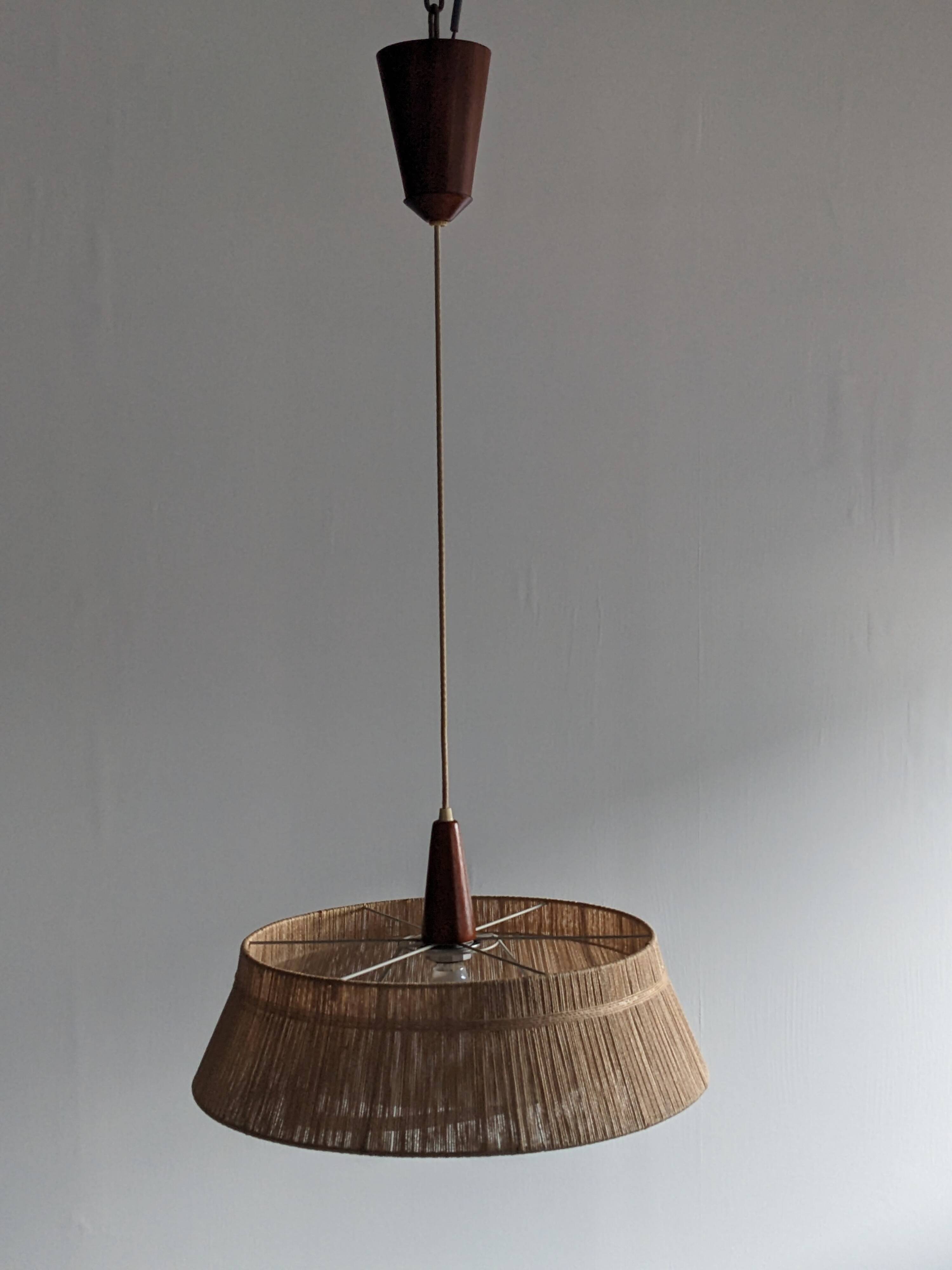 Teak and sisal pendant light from the 50s/60s by Temde Leuchten