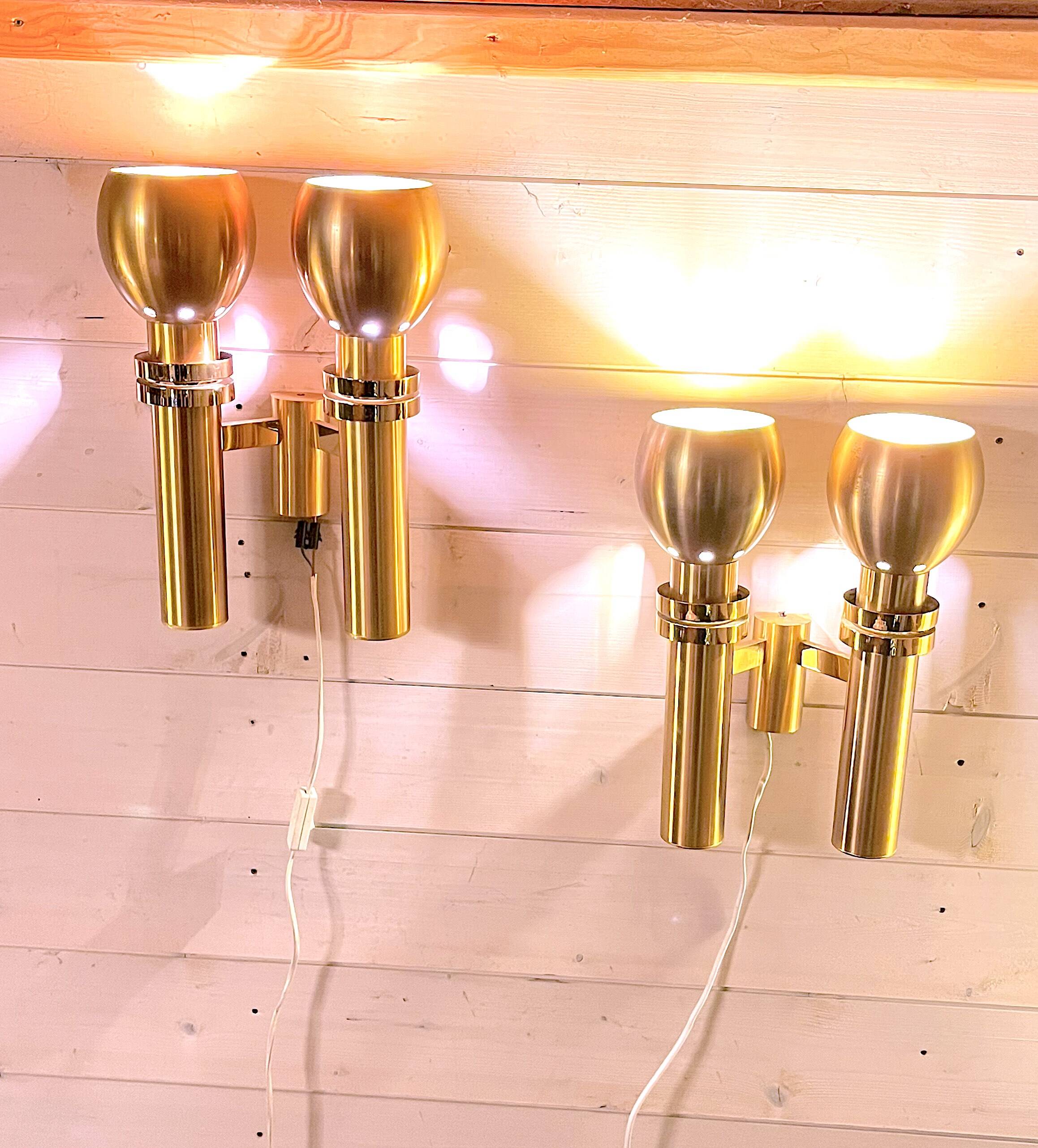Three Large Scandinavian Brass Sconces, Mid Century