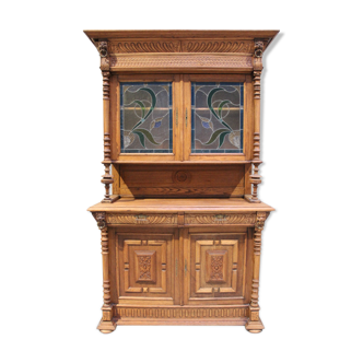 Old double body late XIX ° in oak and colored stained glass windows