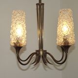 French vintage retro chandelier with 4 lights in brass and bronze with cut glass shades.