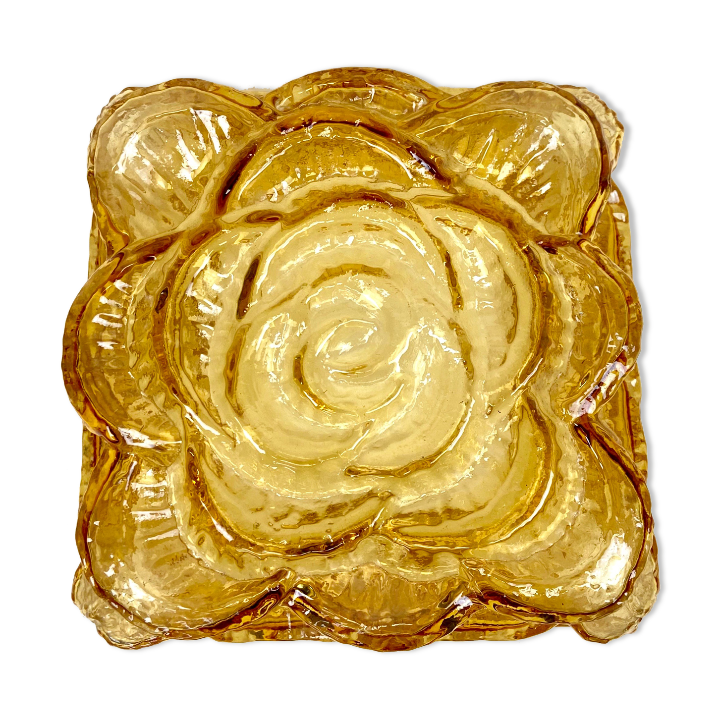 Plafonnier carré en verre jaune motif floral - 23 x 23 cm