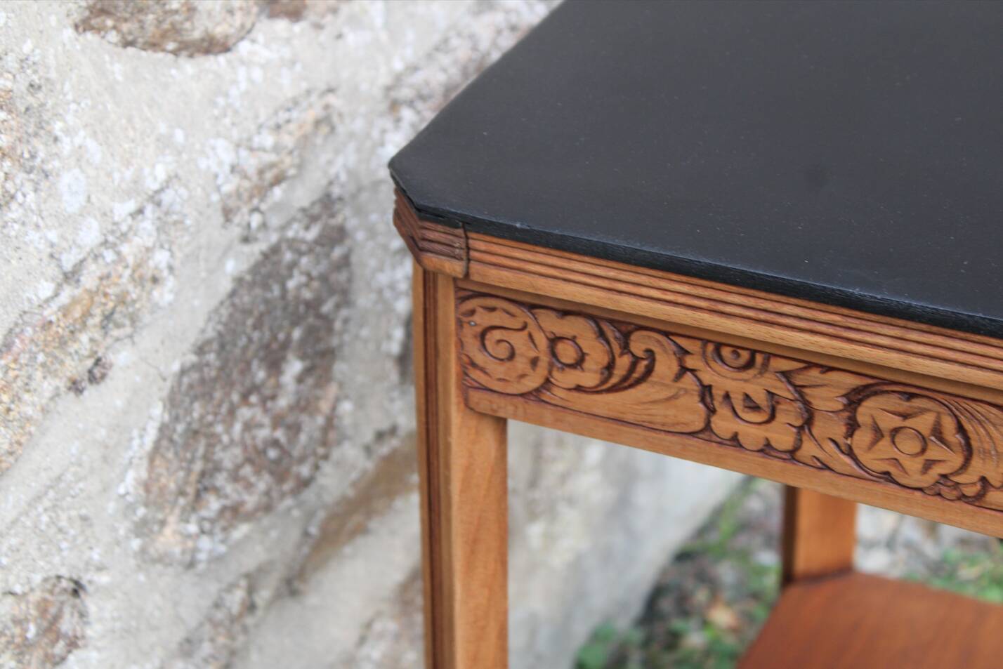 Art deco engraved wood side table