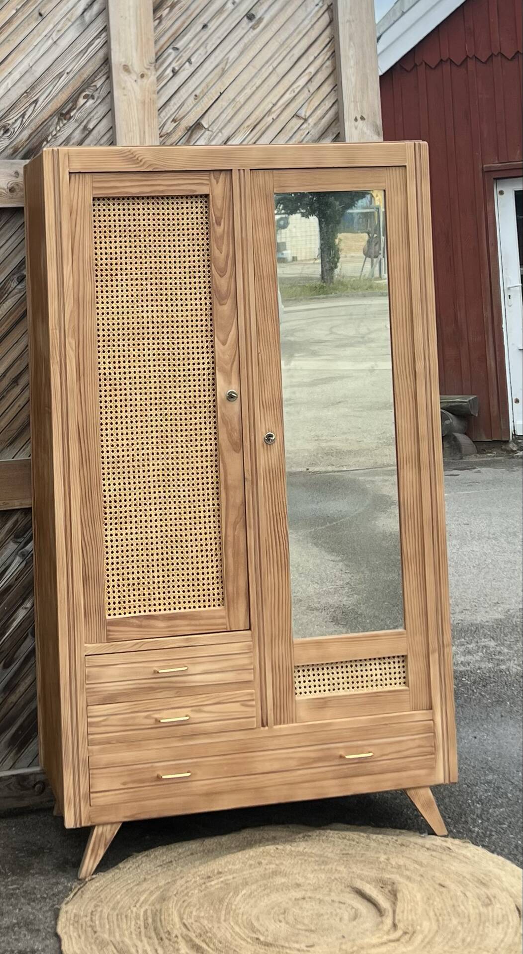 Vintage antique wardrobe in raw wood and cane: hanging space + shelves