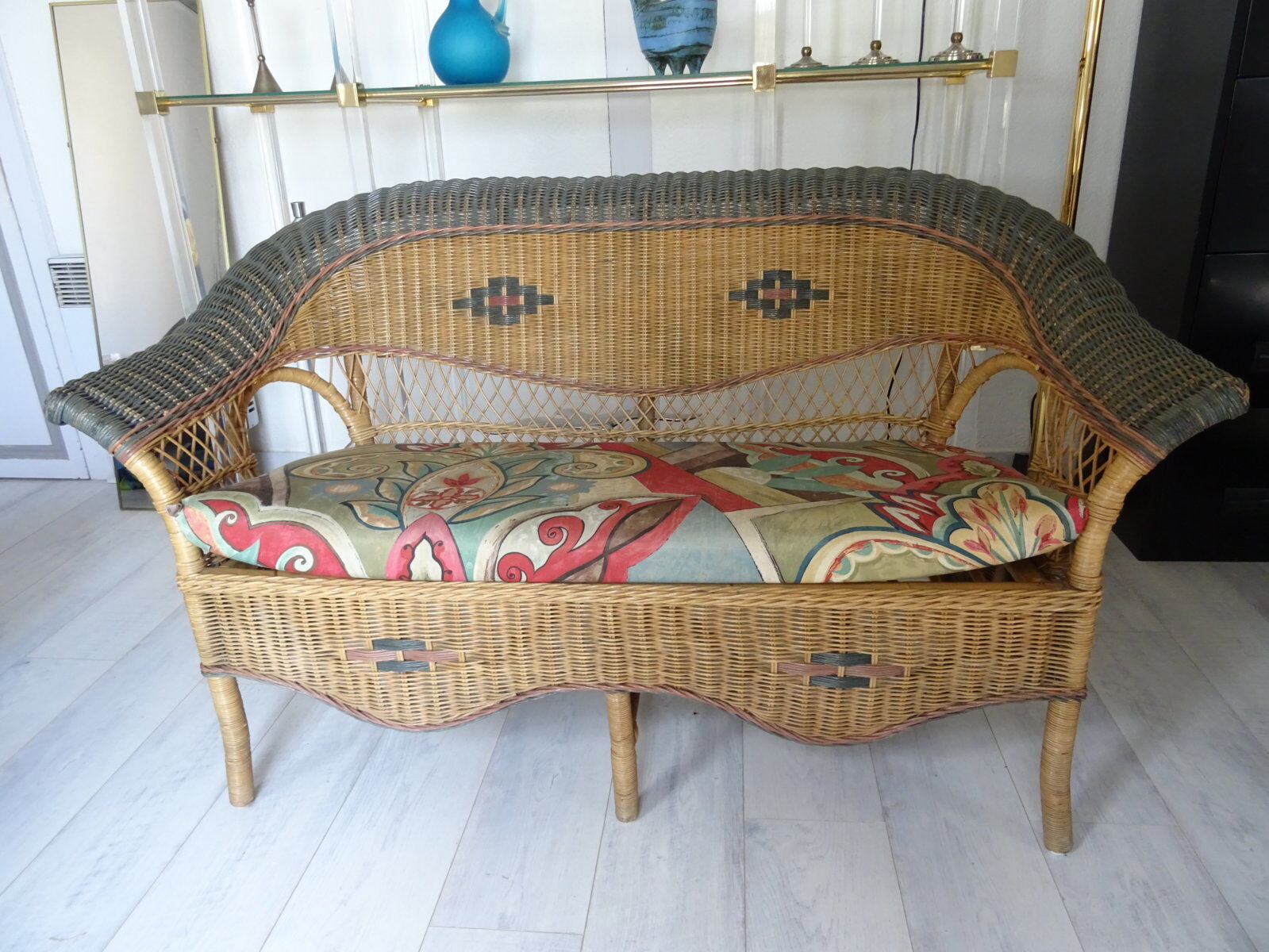Vintage rattan lounge: one bench, two armchairs