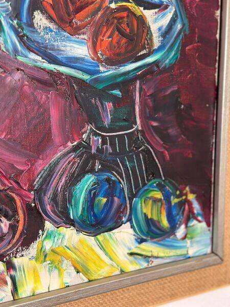 Original mid-century European oil on canvas – “Still Life” by Roy – dated 1969 – vintage & framed – 75 × 64 cm (29.5" × 25.2")