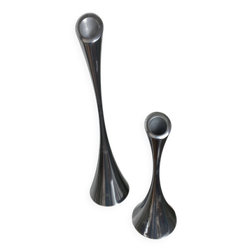 Pair of designer candle holders in stainless steel