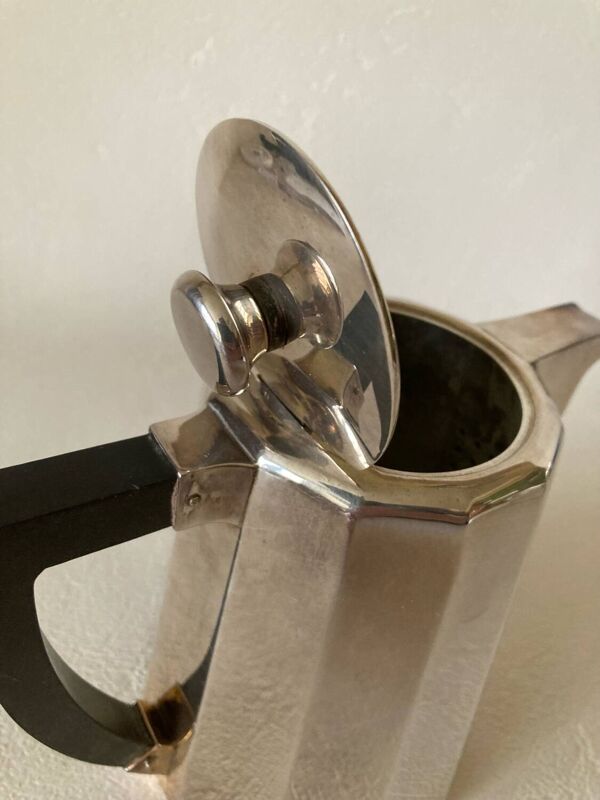 Ensemble Art Déco Verseuses à Café et à Thé + Pot à Lait Métal Argentés et Bakélite