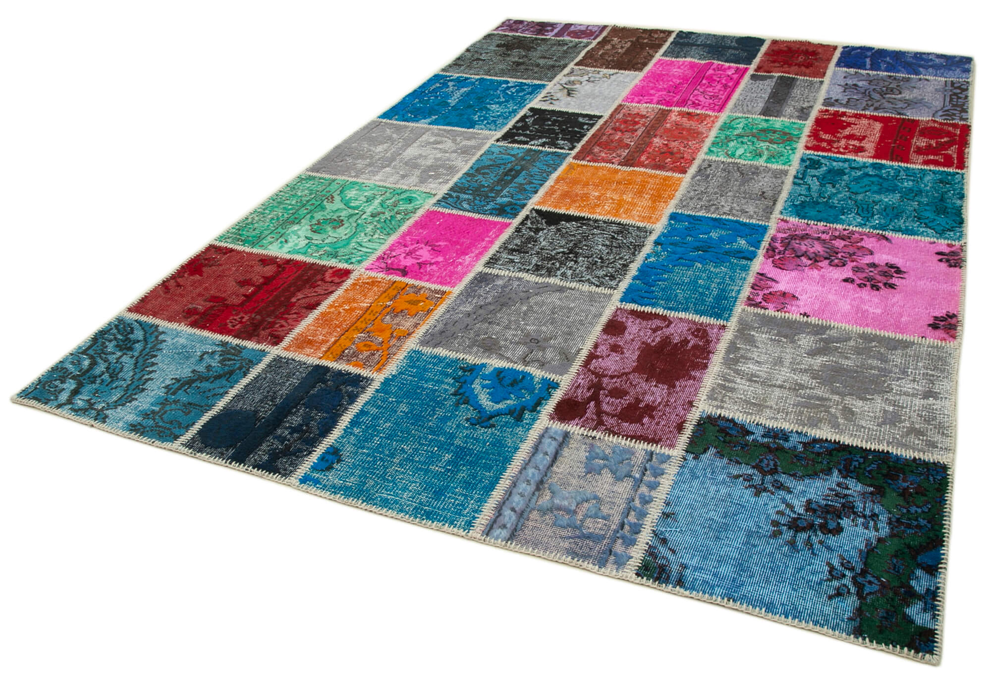 Handwoven oriental overdyed 204 cm x 304 cm multicolor patchwork rug